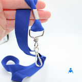 Holding blue lanyard with swivel clip