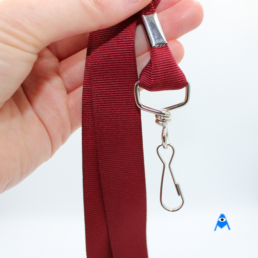 Holding maroon lanyard with swivel clip