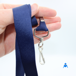 Holding navy blue flat lanyard